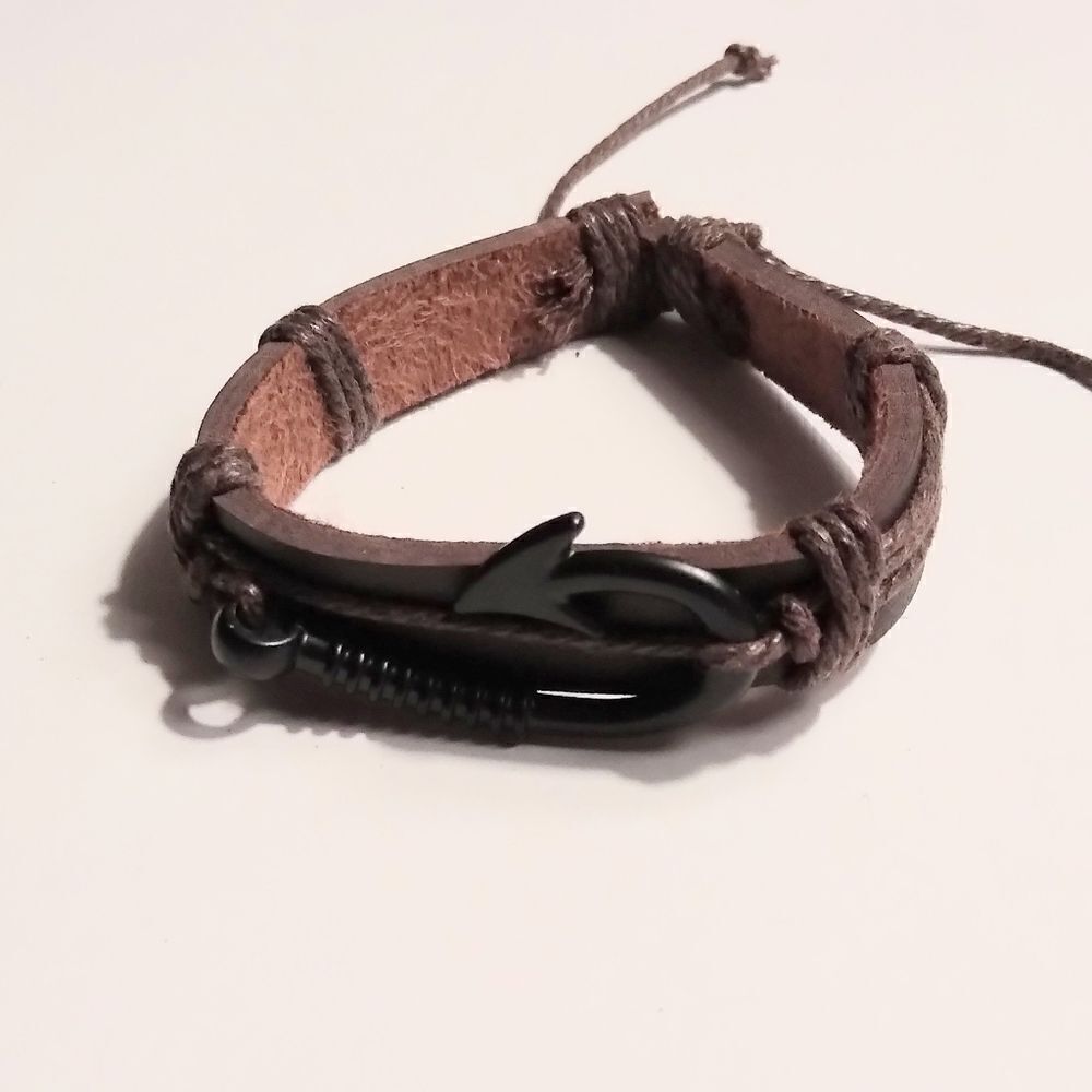 Men's leather bracelet‎ fish hook brown New c9